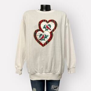 Vintage 80s NEW Womens L Cardinal Christmas Sweater Tartan Plaid Hearts Holiday